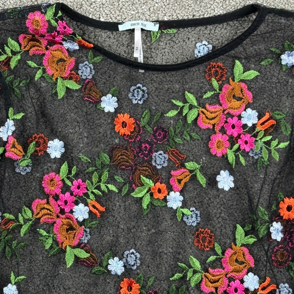 Kimchi Blue Womens XS Floral Embroidered Sheer Mesh Crop Top Long Sleeve UO